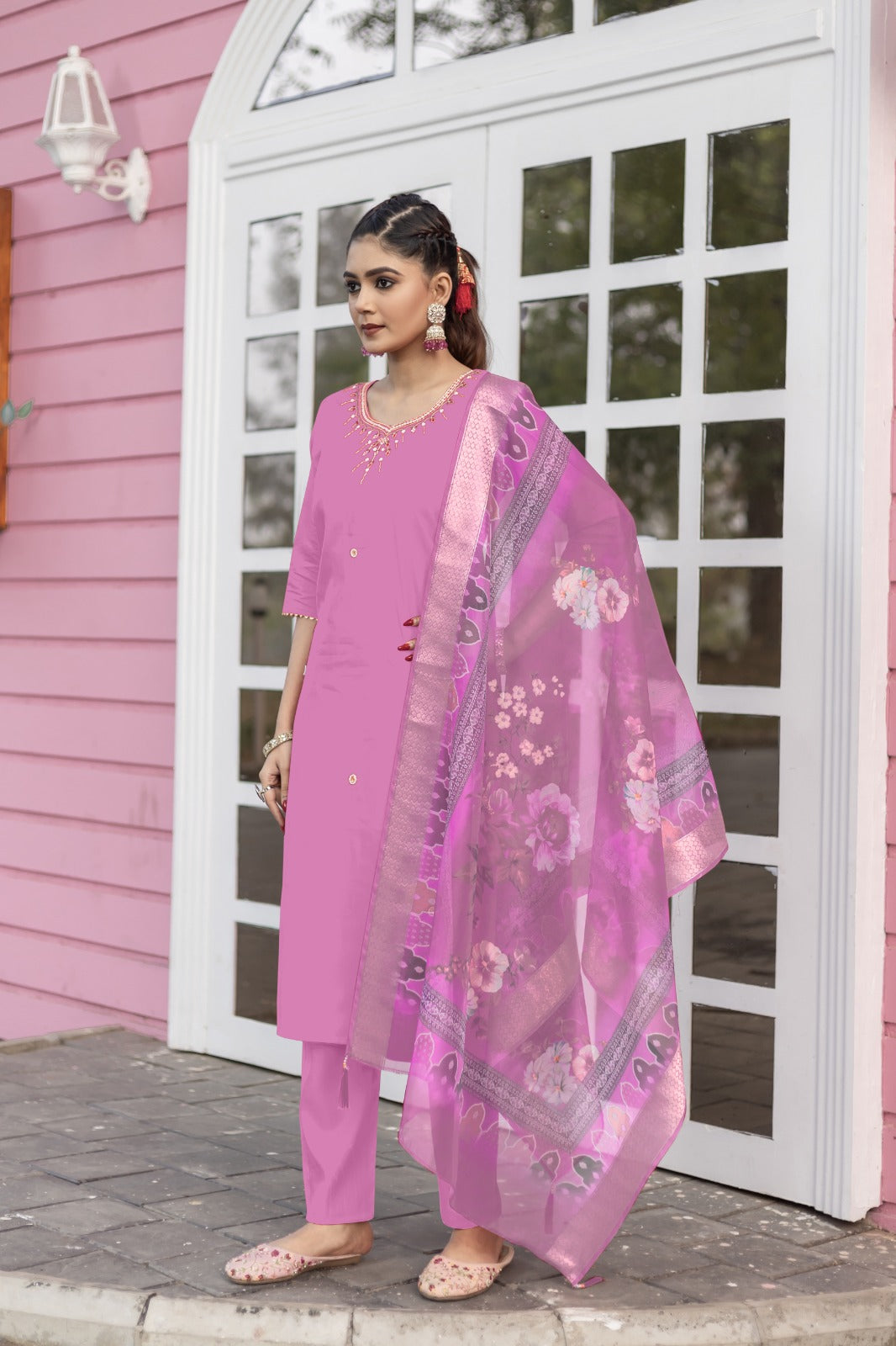 Women Ethnic Motifs Hand Work Regular Kurta Pant With Dupatta