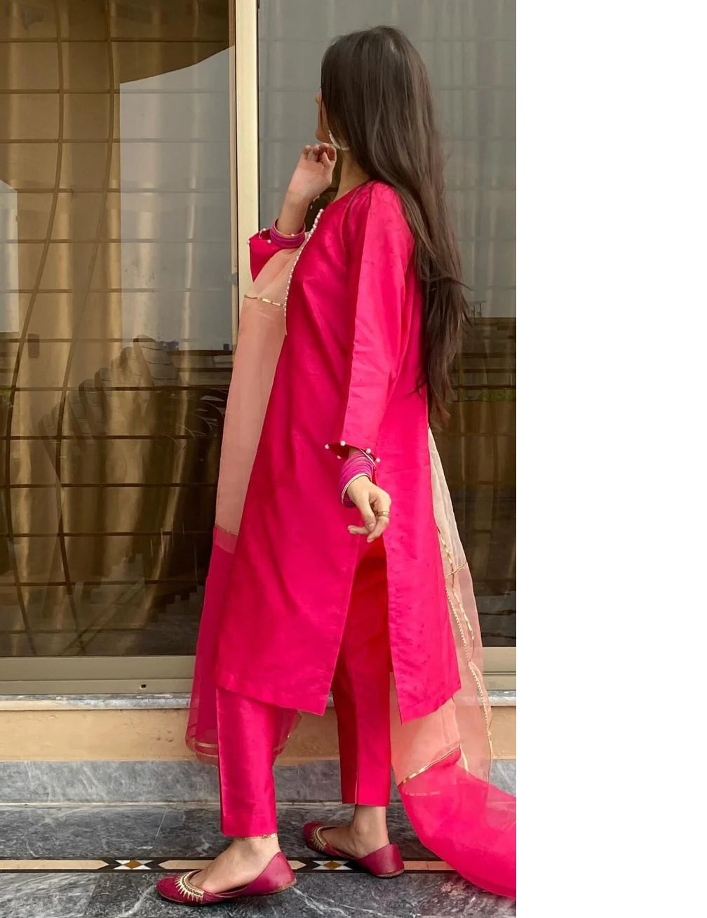 Pink Kurti Pant With Organza Dupatta Set