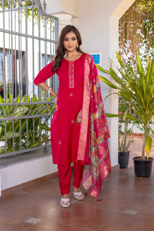 Women Ethnic Motifs Hand Work Regular Kurta Pant With Dupatta