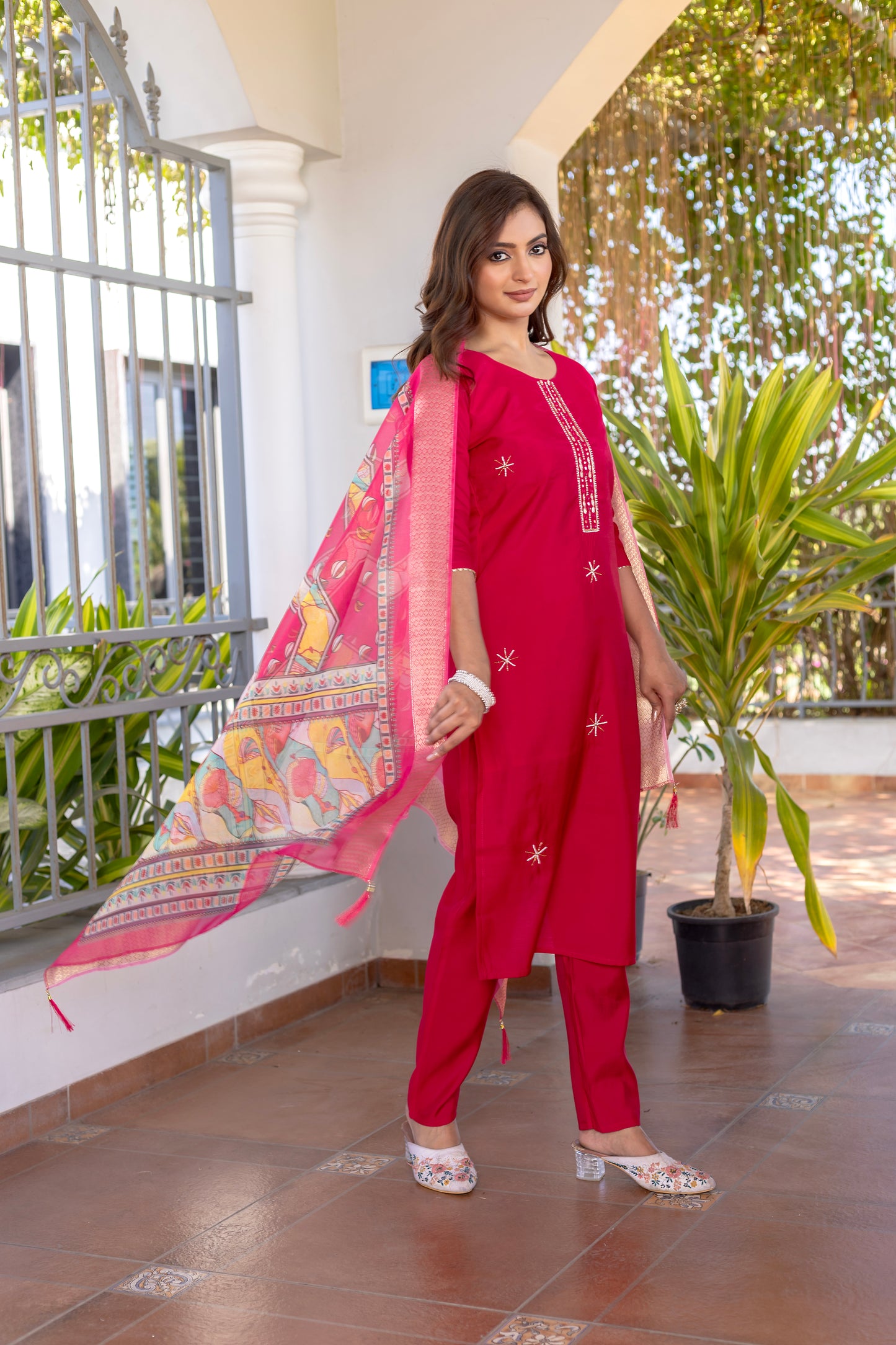 Women Ethnic Motifs Hand Work Regular Kurta Pant With Dupatta