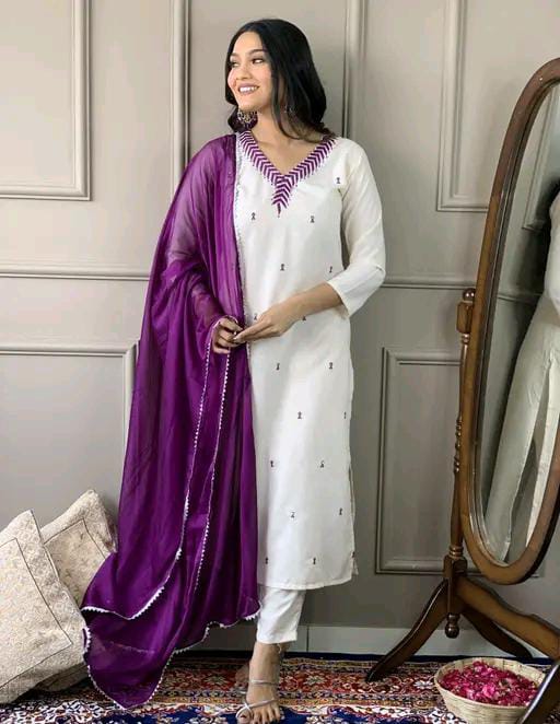 Women's Embroidery Kurta And Pant Set With Dupatta | Embroidery Kurta Set | Suit