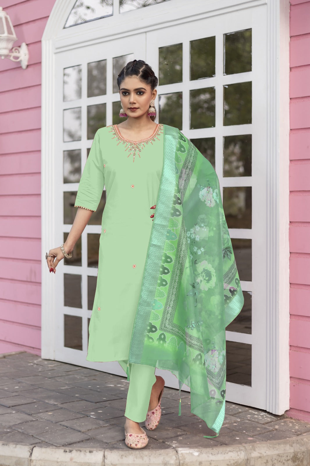 Women Ethnic Motifs Hand Work Regular Kurta Pant With Dupatta