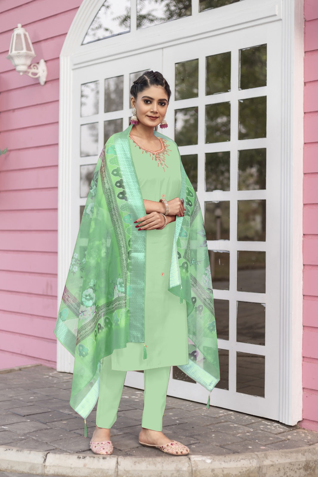 Women Ethnic Motifs Hand Work Regular Kurta Pant With Dupatta