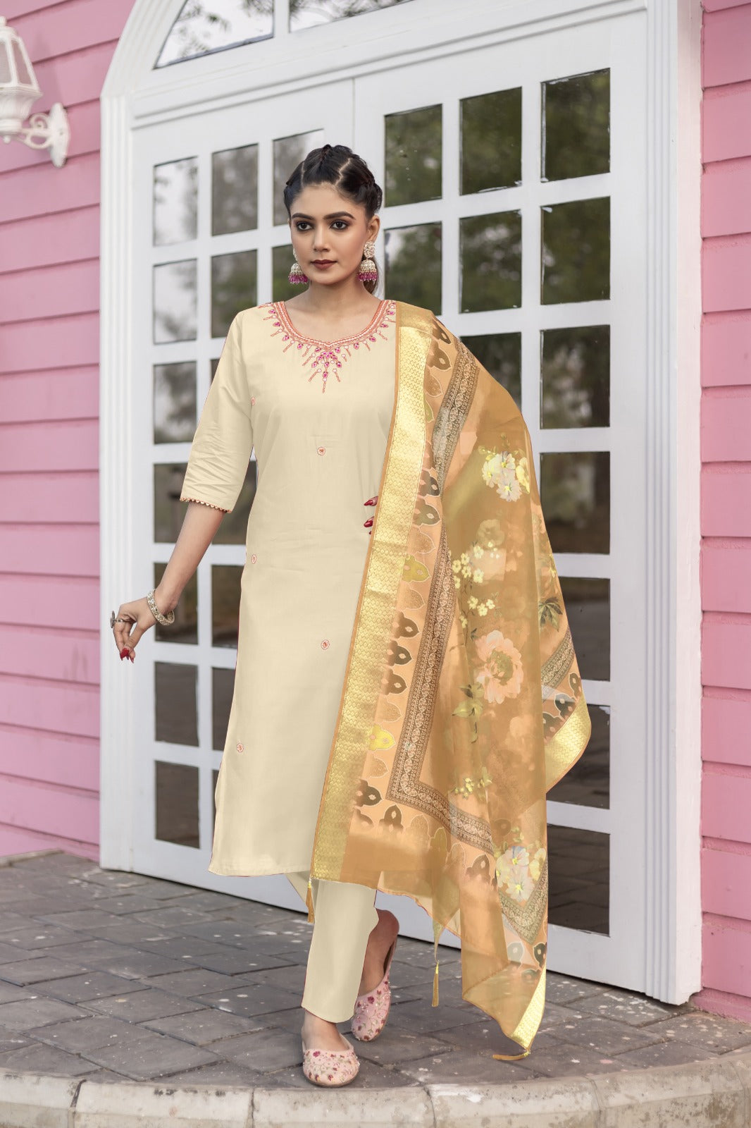 Women Ethnic Motifs Hand Work Regular Kurta Pant With Dupatta