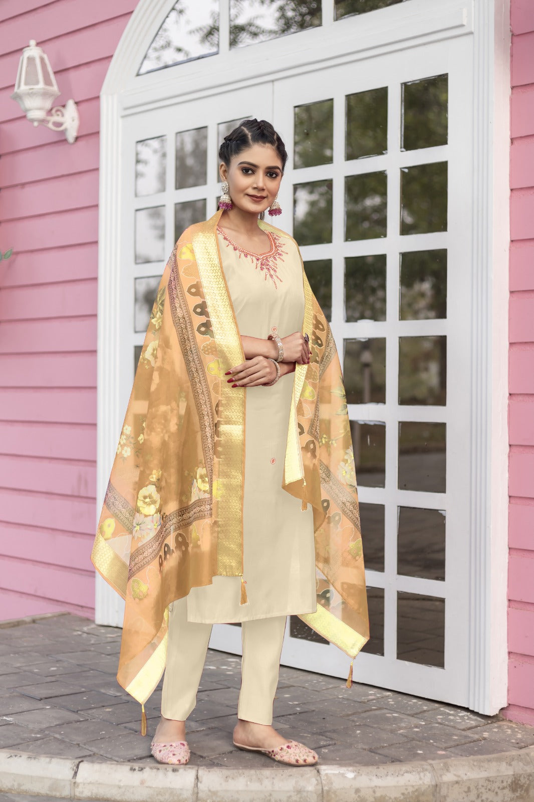 Women Ethnic Motifs Hand Work Regular Kurta Pant With Dupatta