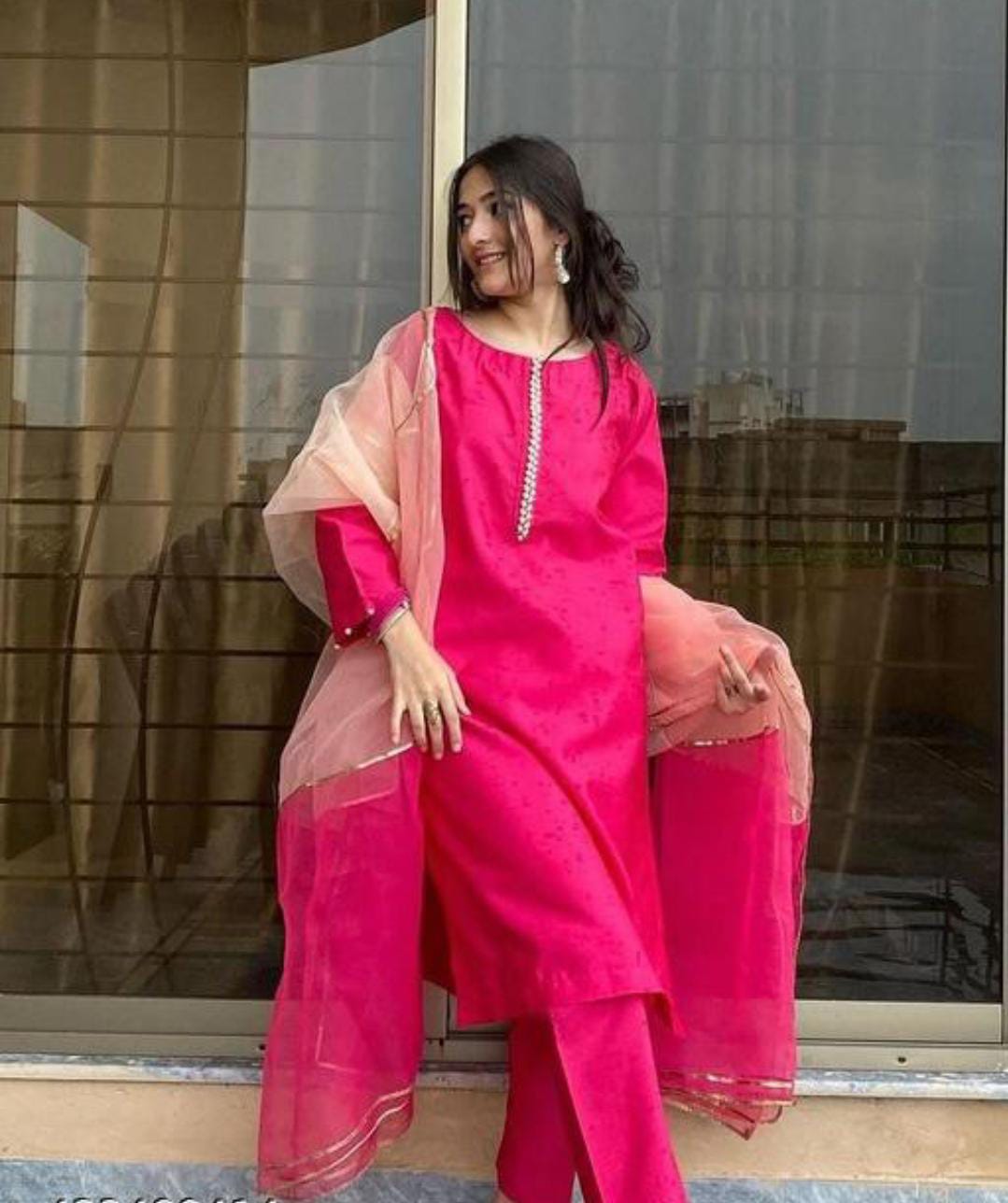 Pink Kurti Pant With Organza Dupatta Set